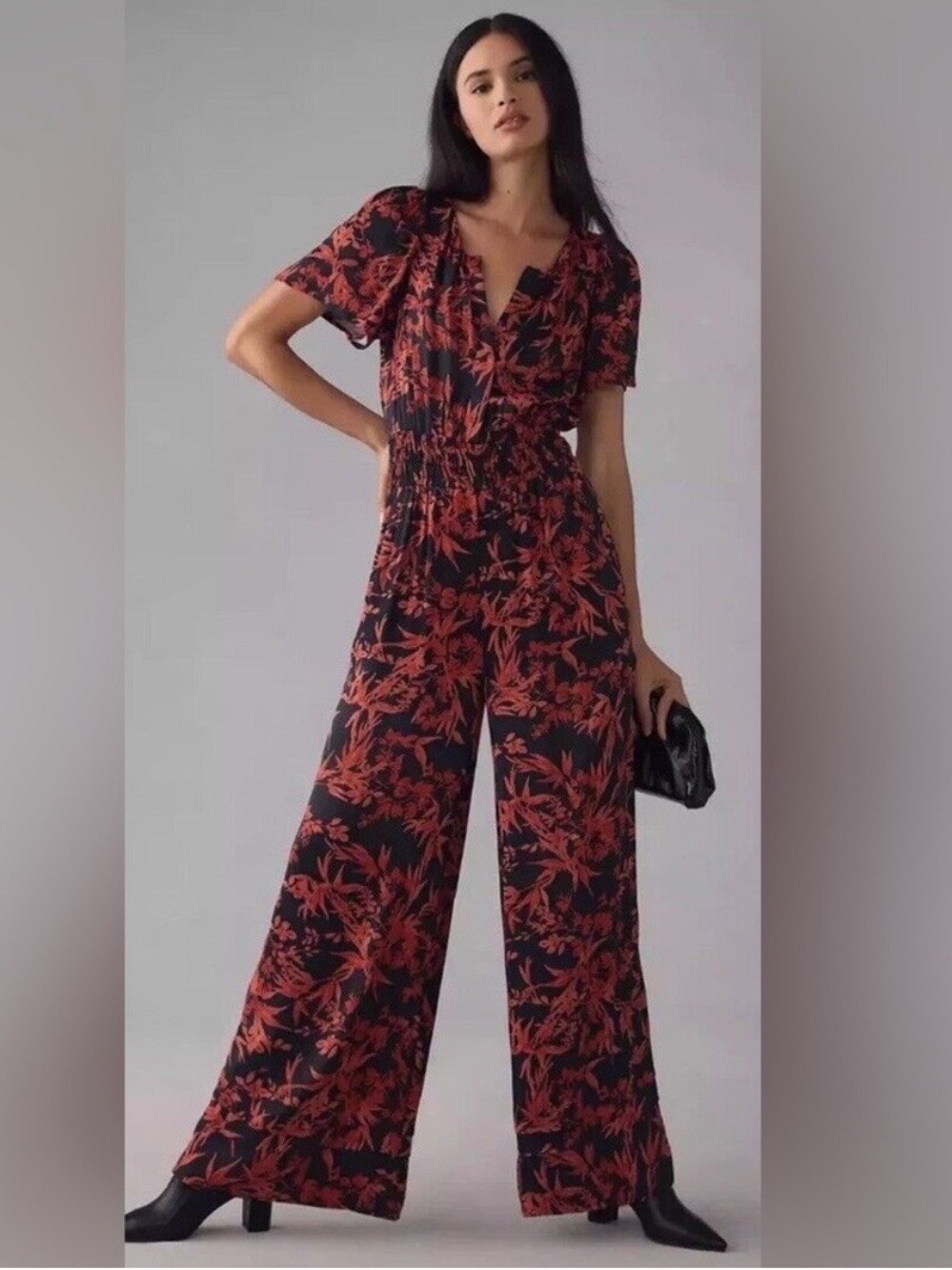 Anthropologie The Somerset Jumpsuit Satin Large Black Red Floral Print, Size S